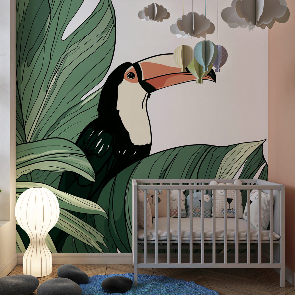 Colorful toucan and foliage wallpaper creating vibrant jungle atmosphere in kids bedroom