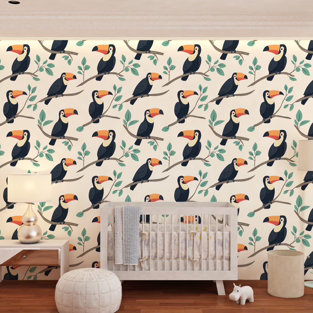 Vibrant toucan wallpaper with leafy branches creating exotic adventure theme in kids playroom