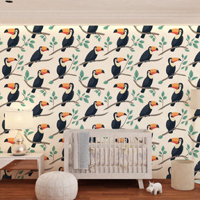 Vibrant toucan wallpaper with leafy branches creating exotic adventure theme in kids playroom