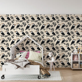 Stylized toucan wallpaper transforming modern kids bedroom with soft tropical bird design