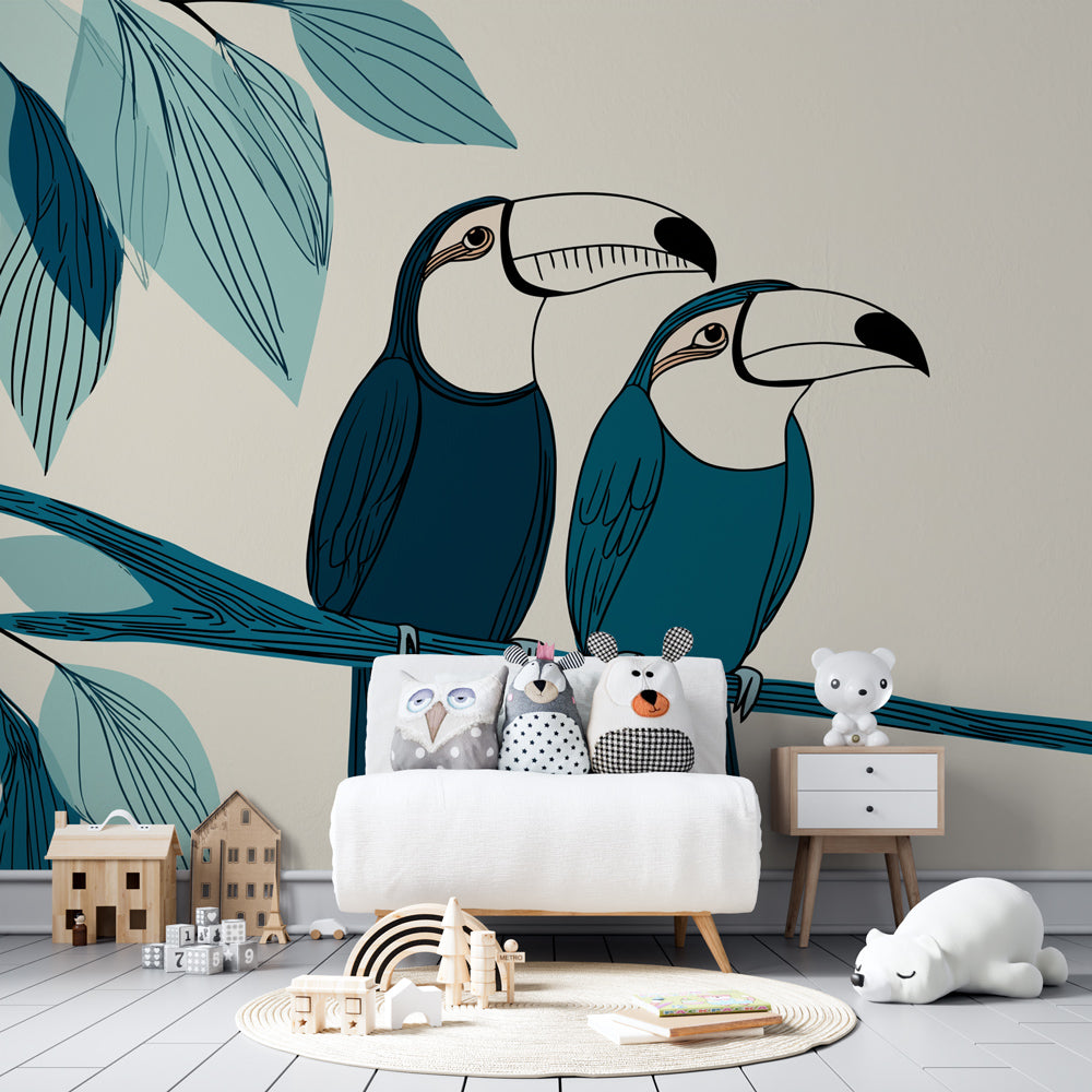 Tropical bird wallpaper featuring toucans in modern children's bedroom setting