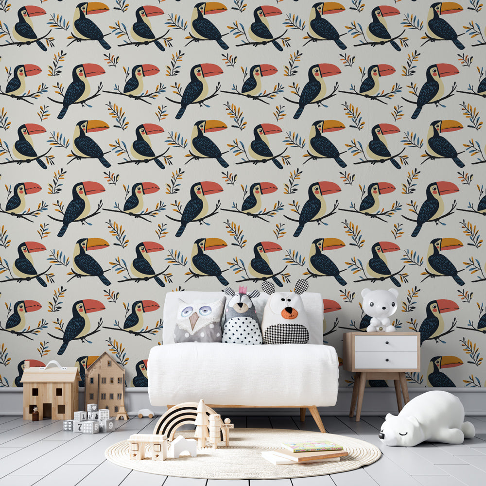 Tropical toucan wallpaper transforming children's bedroom into rainforest adventure space
