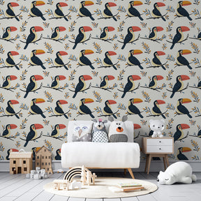 Tropical toucan wallpaper transforming children's bedroom into rainforest adventure space