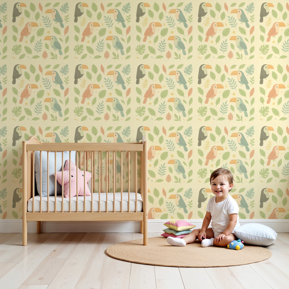 Tropical toucan mural wallpaper decorating modern nursery with colorful birds and greenery by Kids-Mundo