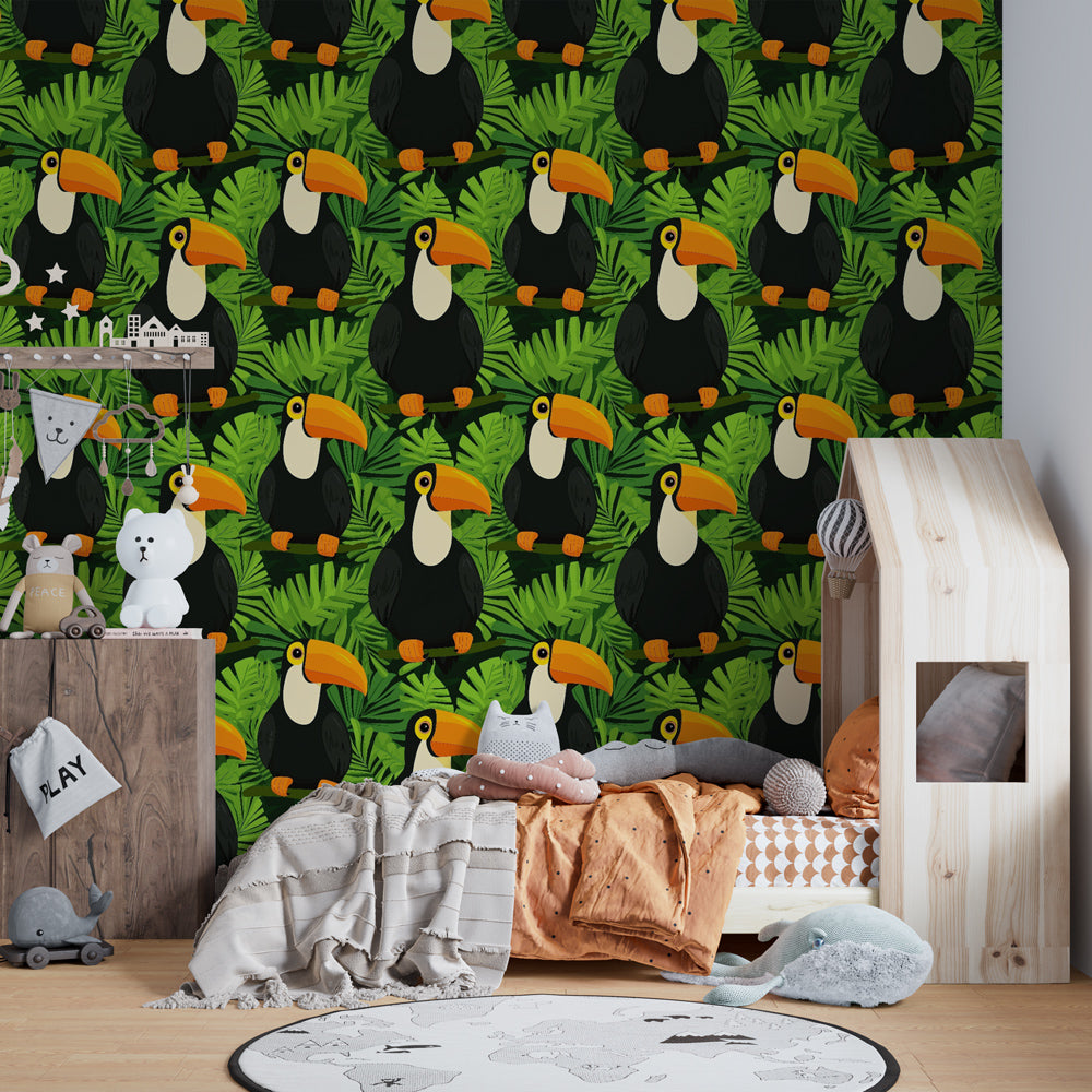 Exotic bird mural wallpaper with toucans and tropical foliage for adventurous kids playroom design