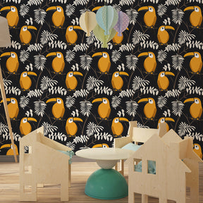 Jungle themed toucan mural wallpaper creating adventurous playroom atmosphere