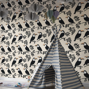 Exotic bird mural wallpaper for children's playroom featuring elegant toucan motifs by Kids-Mundo