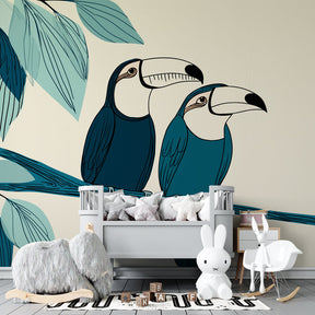 Colorful toucan wallpaper transforming kids playroom with nature-themed tropical design