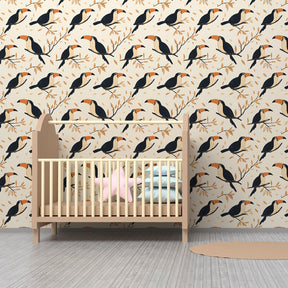 Golden foliage toucan wallpaper creating adventure-themed children's playroom by Kids-Mundo