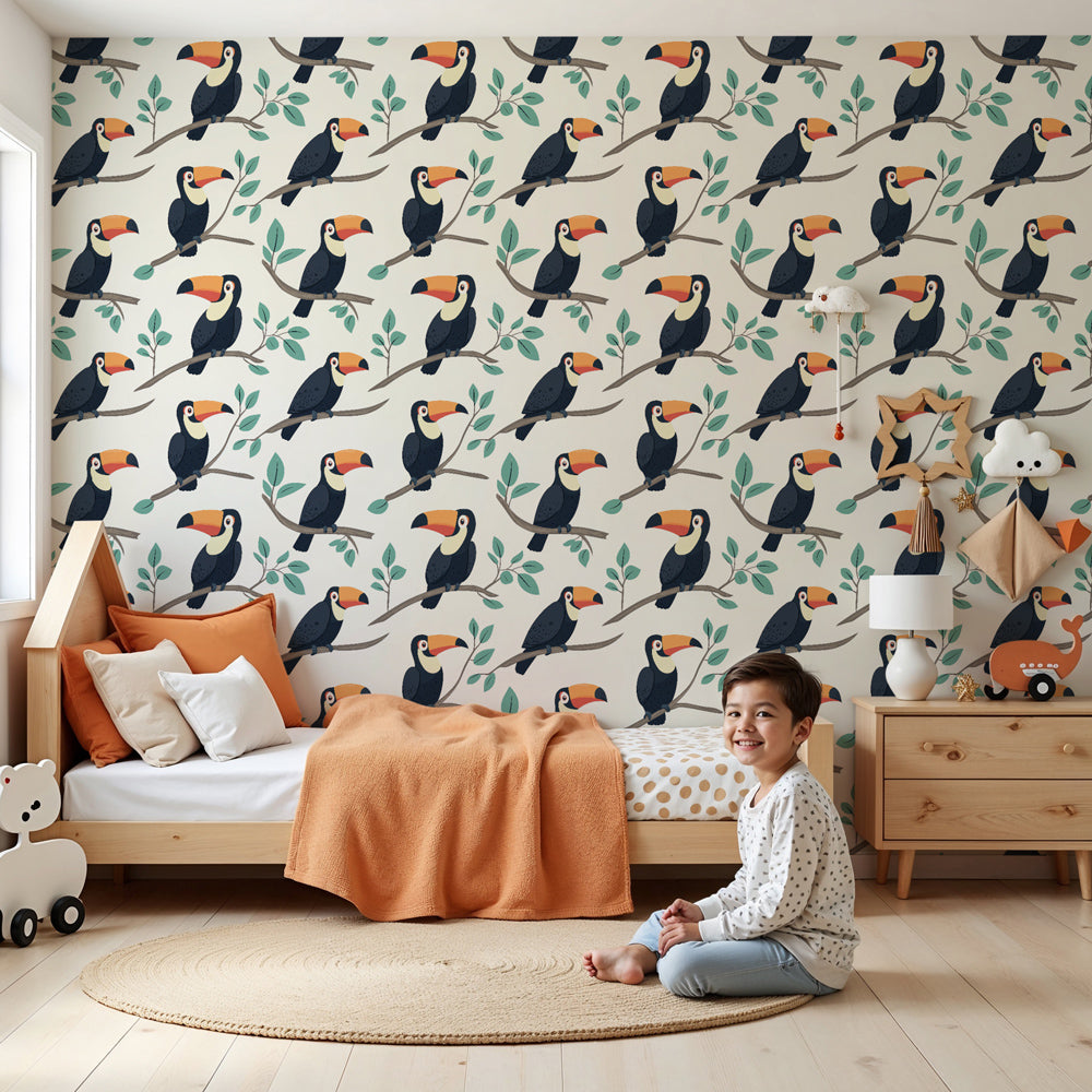 Colorful toucan mural wallpaper creating tropical jungle atmosphere in modern kids bedroom by Kids-Mundo