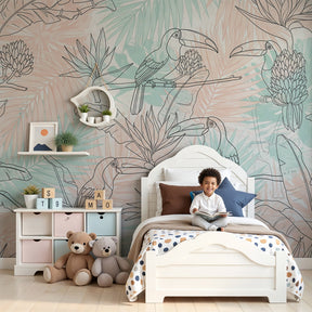Tropical toucan mural wallpaper creating vibrant jungle nursery decor with colorful birds by Kids-Mundo