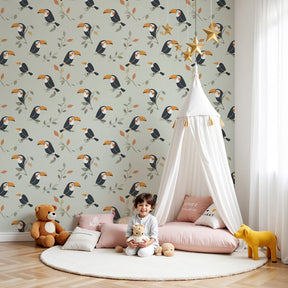 Tropical toucan mural wallpaper decorating modern nursery with natural wood crib by Kids-Mundo