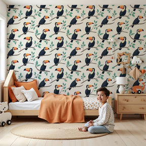 Colorful toucan mural wallpaper creating tropical jungle atmosphere in modern kids bedroom by Kids-Mundo