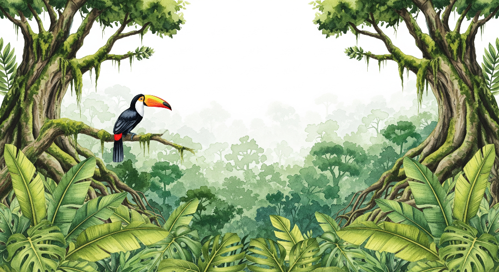 Kids-Mundo flat artwork of a toucan rainforest wall mural design with mossy trees and leaves.