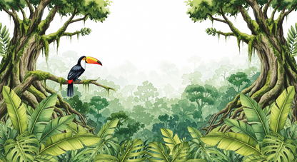 Kids-Mundo flat artwork of a toucan rainforest wall mural design with mossy trees and leaves.