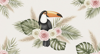 Kids-Mundo flat artwork of a toucan among pink roses, pampas grass and soft palm leaves.