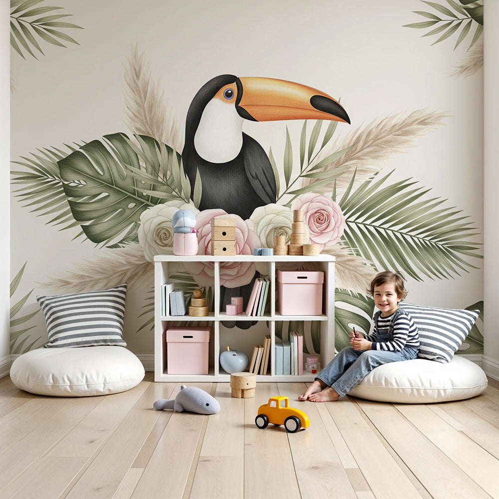 Kids-Mundo toucan and rose wall mural styled in a nursery, blush pink roses framing a soft cot.