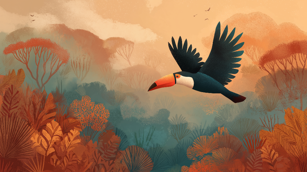Flat artwork preview of the Kids-Mundo sunset jungle toucan flight wall mural design.