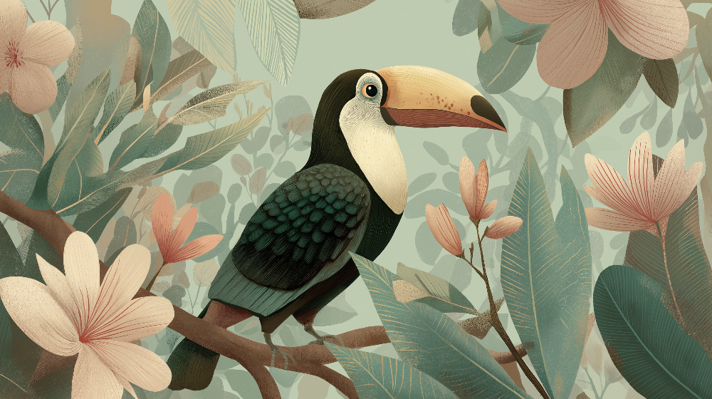 Flat artwork preview of the Kids-Mundo blossom toucan wall mural design.
