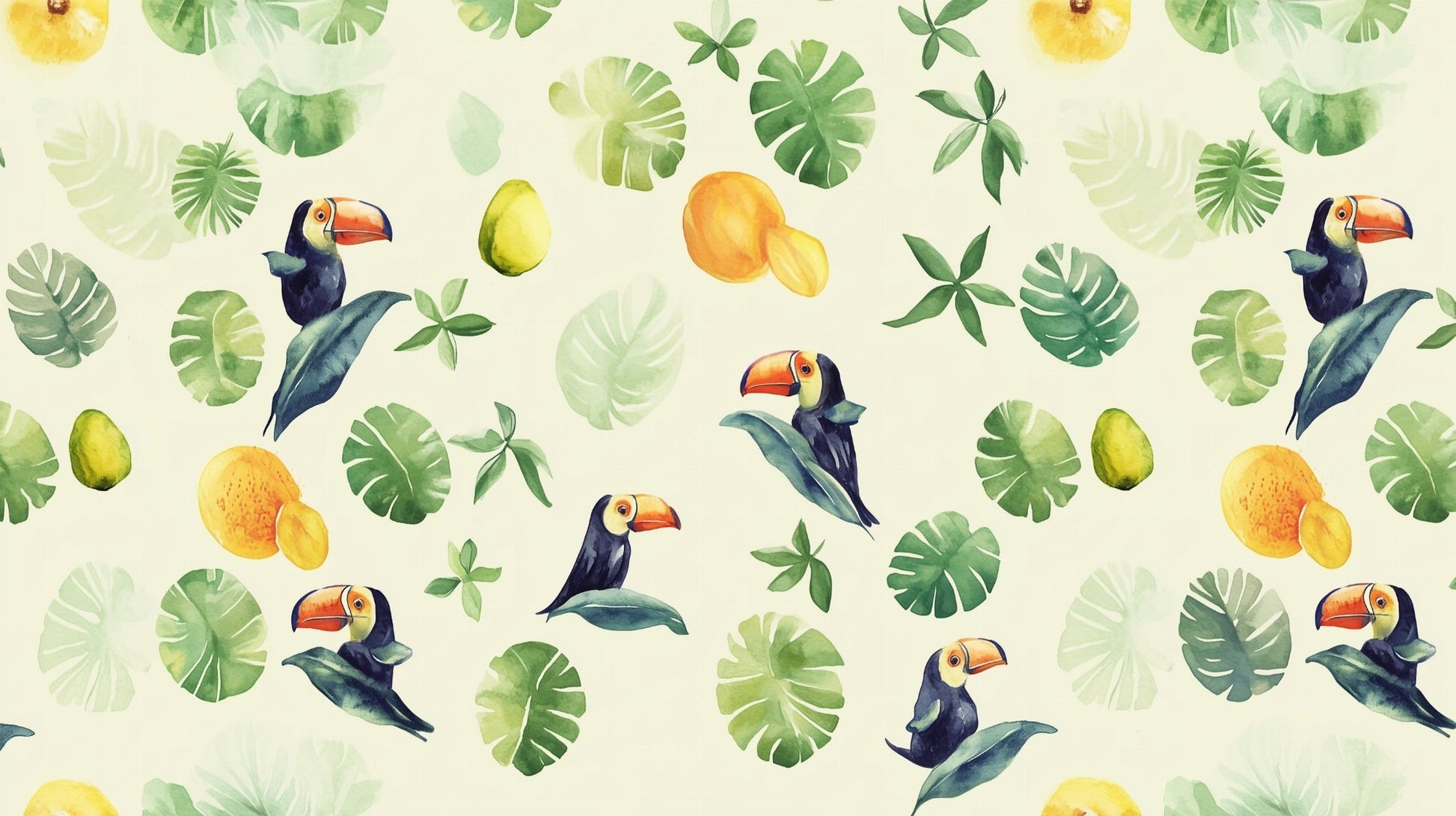 Kids-Mundo toucan and tropical fruit mural artwork showing toucans, monstera leaves and ripe mango