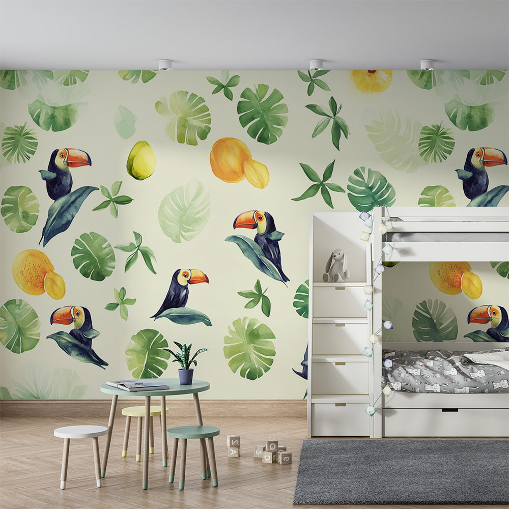 Kids-Mundo tropical toucan wall mural covering a feature wall in a playful children's playroom