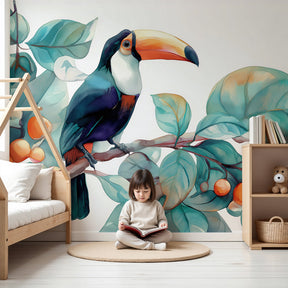 Toucan tropical mural wallpaper in modern nursery with natural wood furniture by Kids-Mundo