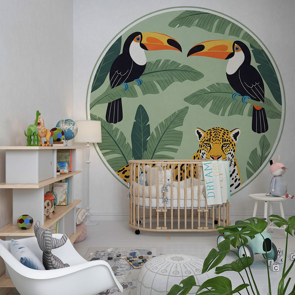 Kids-Mundo jungle medallion wall mural with toucans and a jaguar covering a wall in a kids bedroom.