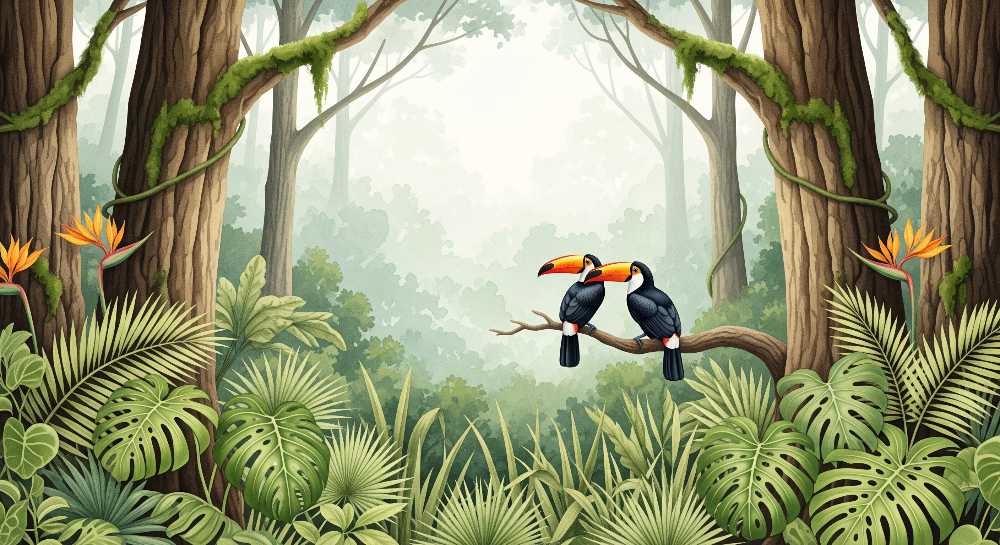 Kids-Mundo flat artwork of two toucans perched on a branch in a misty jungle clearing