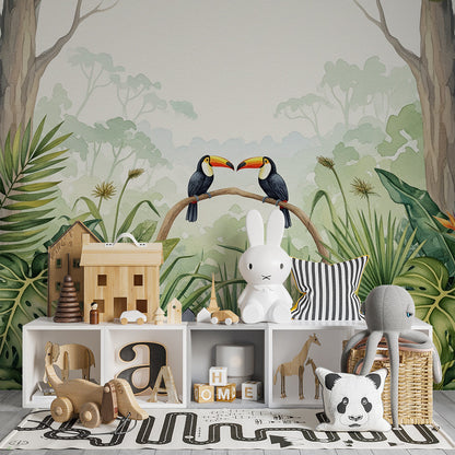 Kids-Mundo toucan jungle wall mural brightening a tropical-themed children's playroom