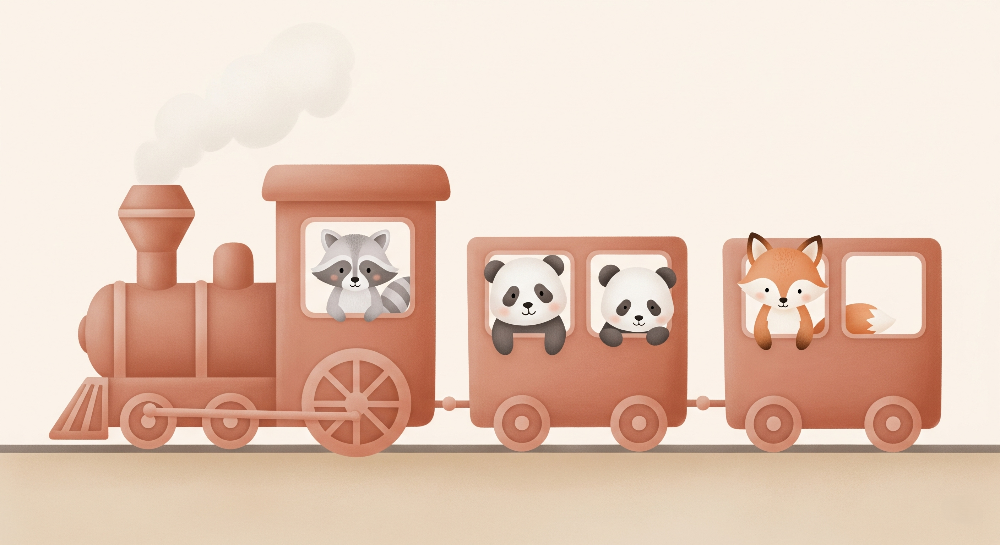 Flat artwork preview of the Kids-Mundo terracotta toy train wall mural with animal friends