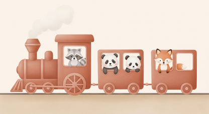 Flat artwork preview of the Kids-Mundo terracotta toy train wall mural with animal friends