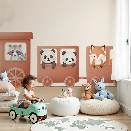 Kids-Mundo toy train wall mural with panda and fox friends above a baby nursery cot