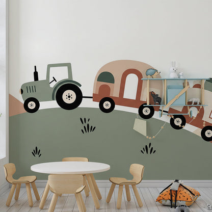 Kids-Mundo tractor and caravan wall mural filling a wall in a cosy kids bedroom