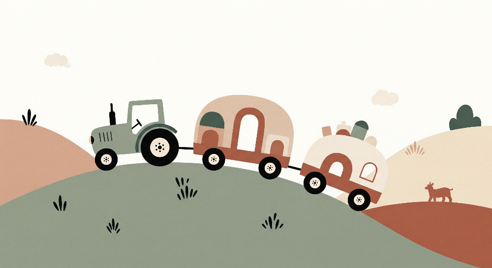 Kids-Mundo flat artwork of a tractor towing caravans over soft rolling hills