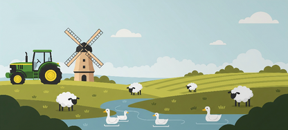 Flat artwork of the Kids-Mundo green tractor farm and windmill design with sheep and ducks