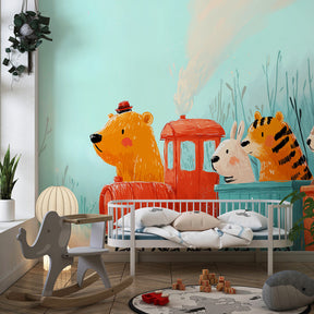 Animal train journey wallpaper transforming children's bedroom into whimsical adventure space