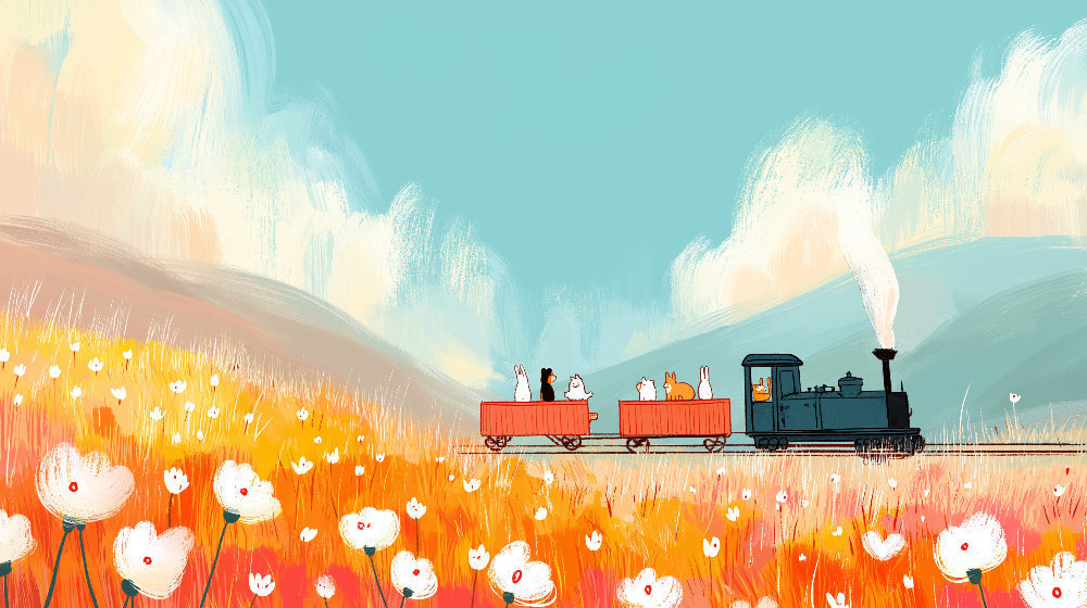 Detailed train adventure mural wallpaper design pattern with animals and flowers by Kids-Mundo