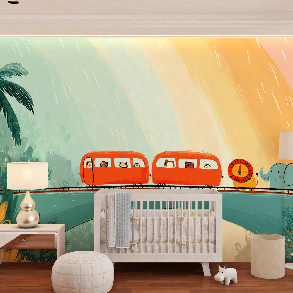 Colorful train and jungle animals wallpaper creating playful atmosphere in children's bedroom
