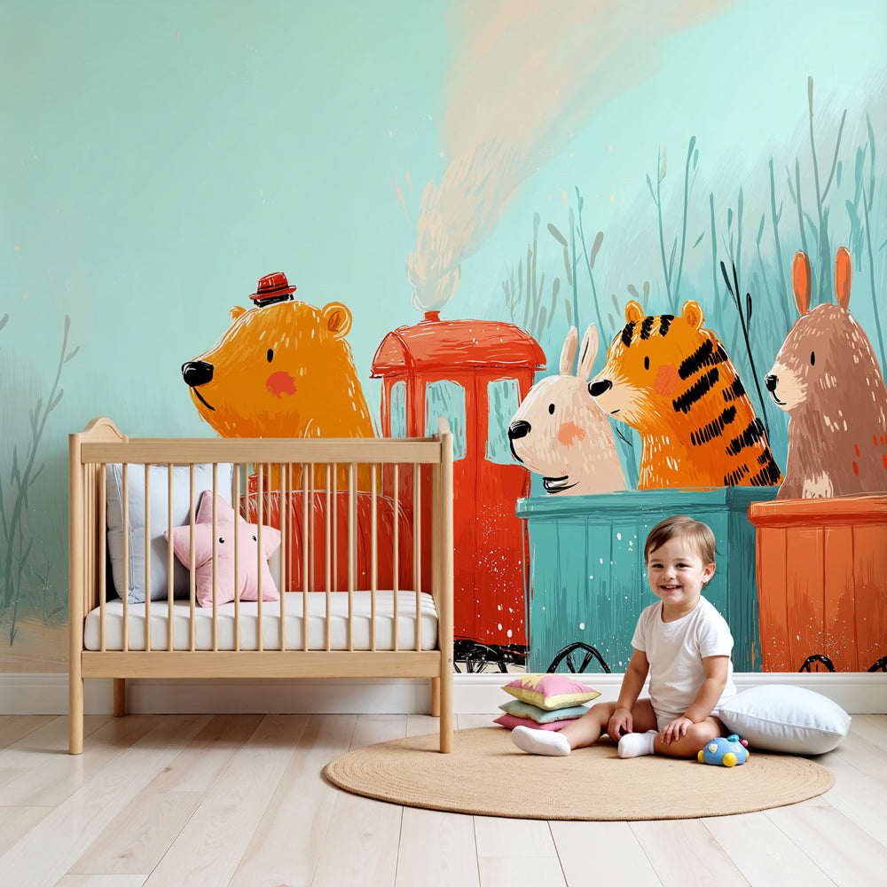 Train adventure mural wallpaper creating magical nursery decor with bear conductor and animal friends by Kids-Mundo
