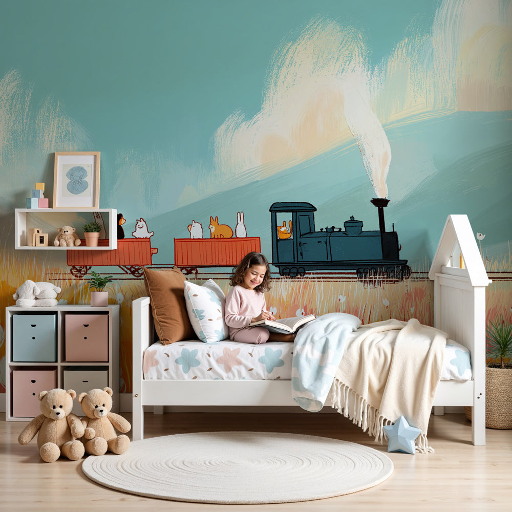 Train adventure mural wallpaper with animals in colorful nursery setting by Kids-Mundo