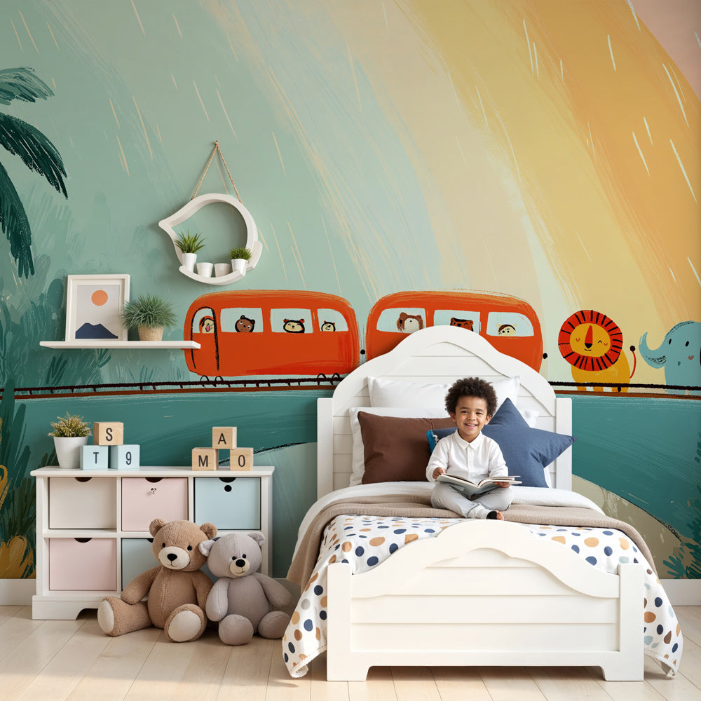 Train adventure mural wallpaper with colorful animals in modern nursery room by Kids-Mundo
