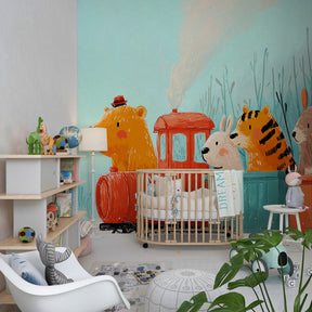 Colorful train and animals mural wallpaper for kids playroom featuring woodland creatures by Kids-Mundo