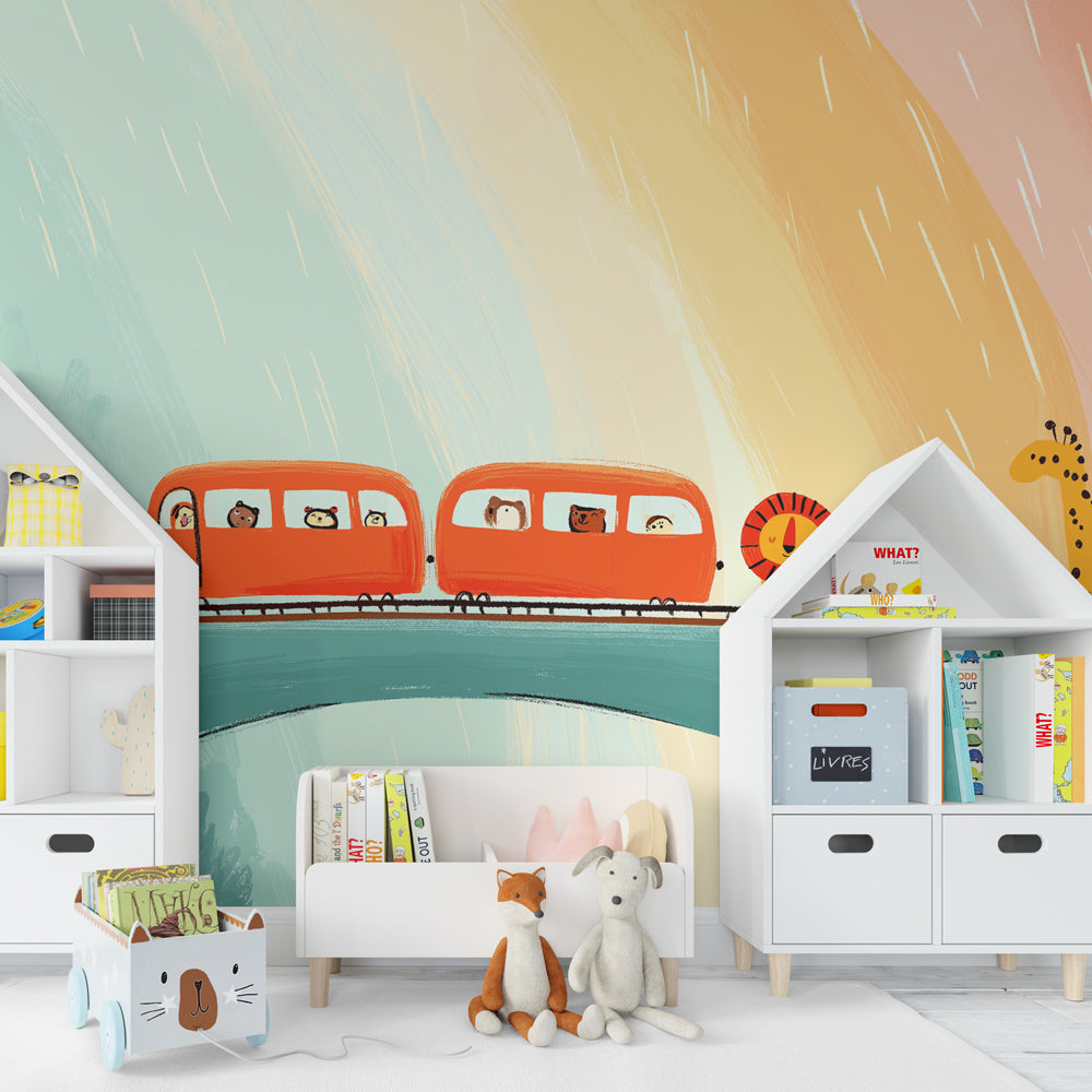 Animal train adventure wallpaper transforming playroom into imaginative exploration space