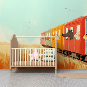 Adventure train wallpaper creating playful atmosphere in children's bedroom decor