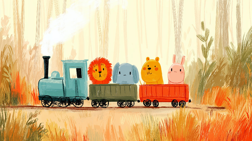 Detailed train animals mural wallpaper design pattern with forest backdrop by Kids-Mundo