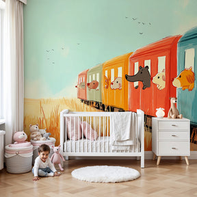 Train animals mural wallpaper in modern nursery with wooden crib by Kids-Mundo