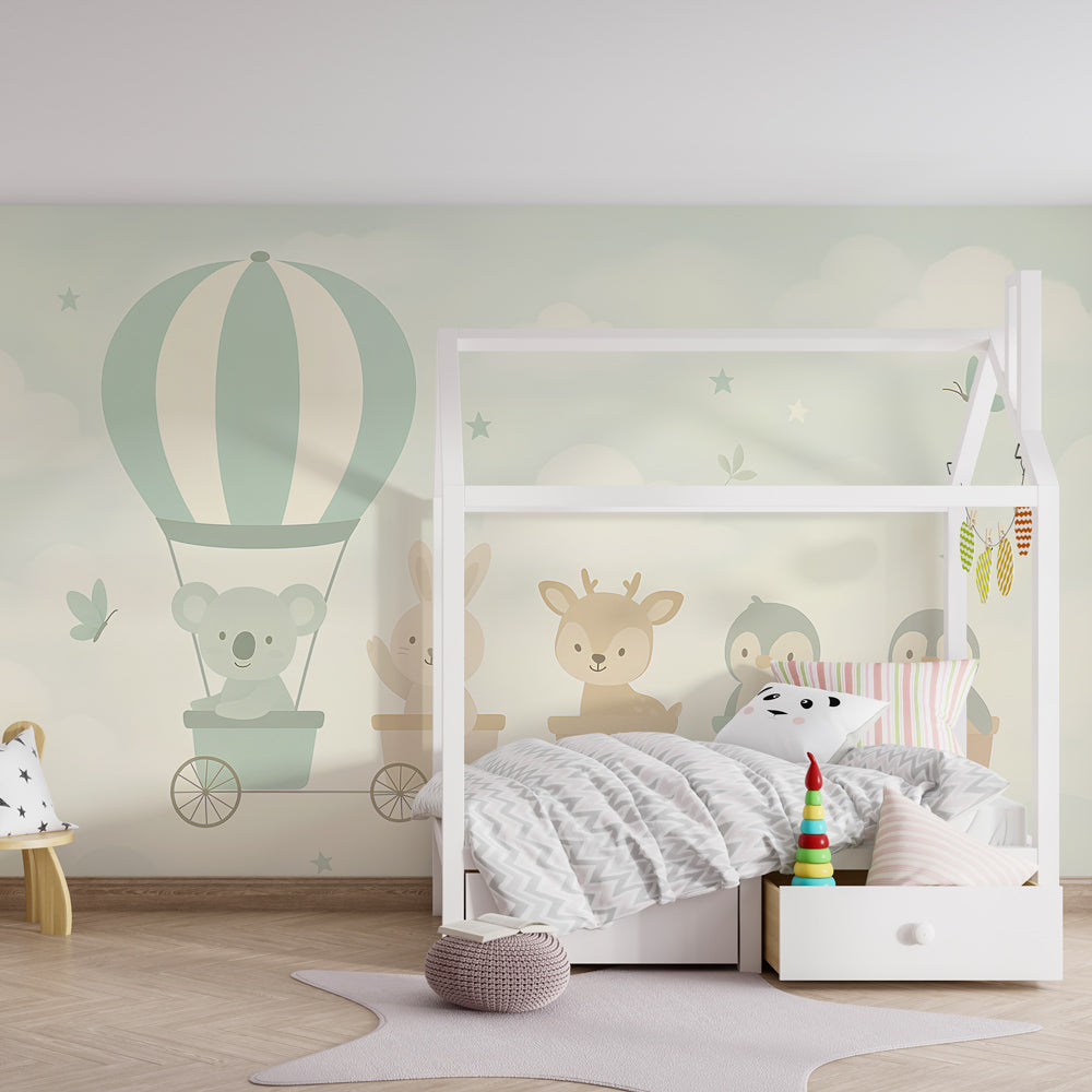 Whimsical animal train mural wallpaper with soft pastel clouds in children's room setting
