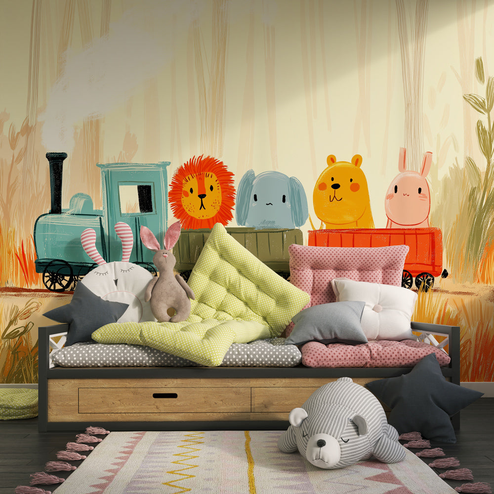 Adventure train mural wallpaper featuring forest animals in cozy children's playroom