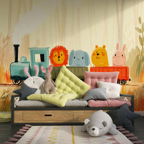 Adventure train mural wallpaper featuring forest animals in cozy children's playroom