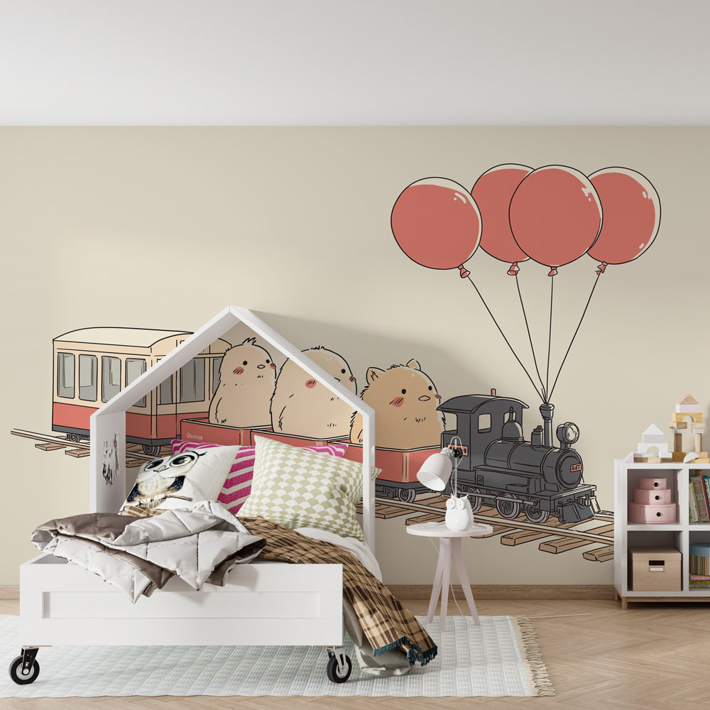 Adventure train wallpaper transforming toddler bedroom with gentle beige tones and colorful balloons